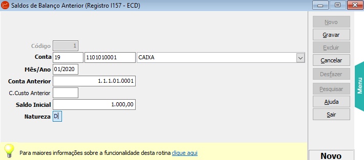 SSC_Saldos de Balanço Anterior